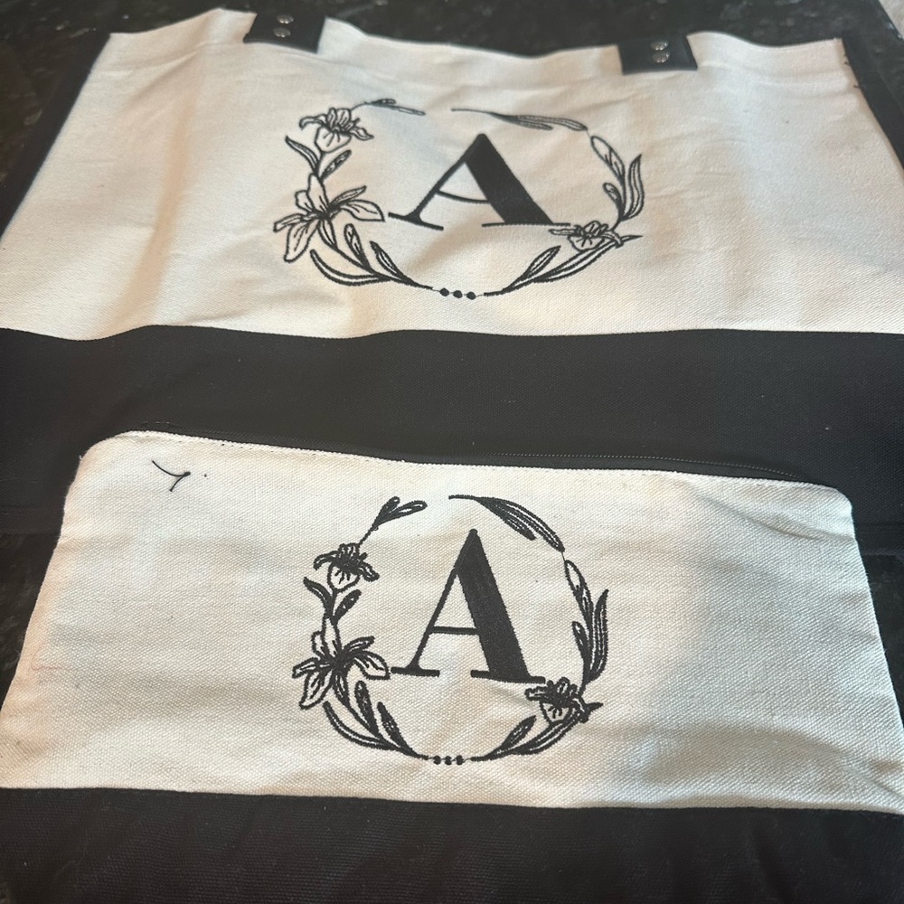 Monogram 'A' Canvas Tote & Pouch Set in Black and White